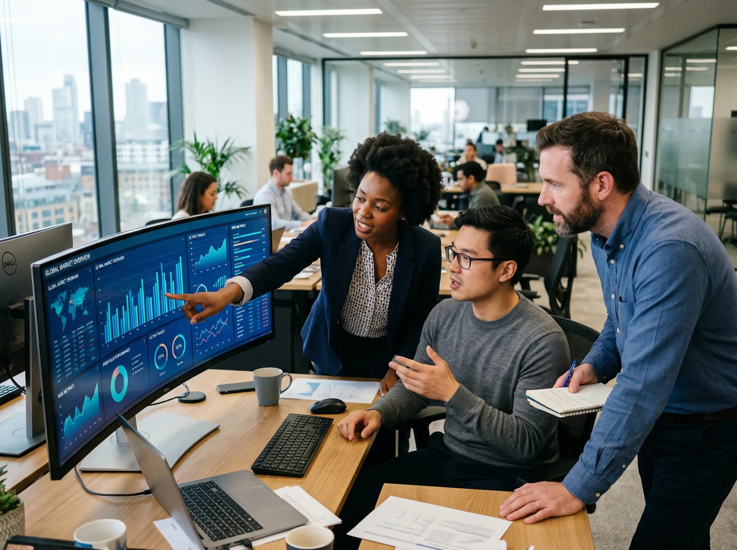 Diverse analytics team collaborating around a large curved monitor displaying financial dashboards