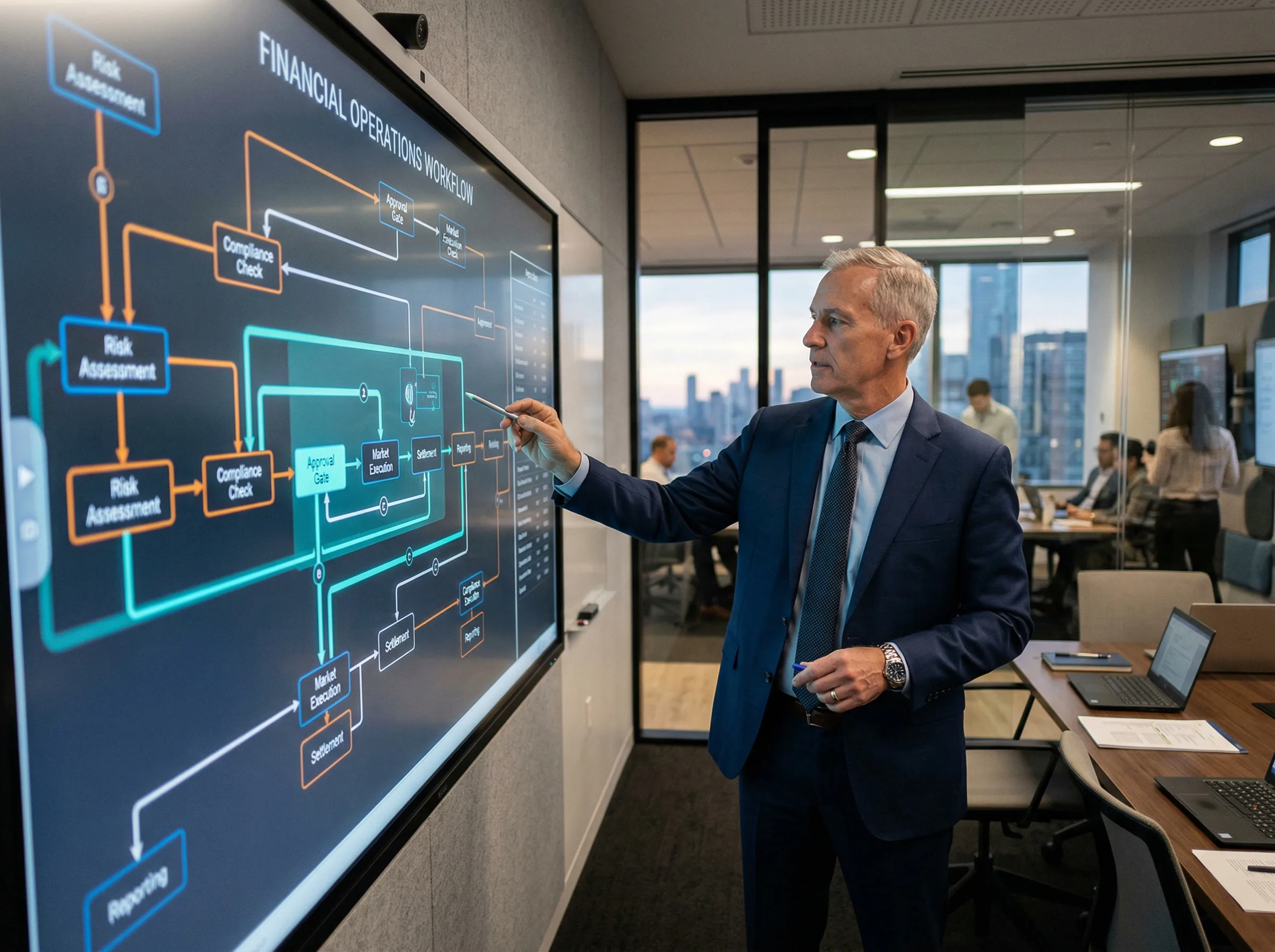 Senior advisor presenting a financial operations workflow on a digital whiteboard