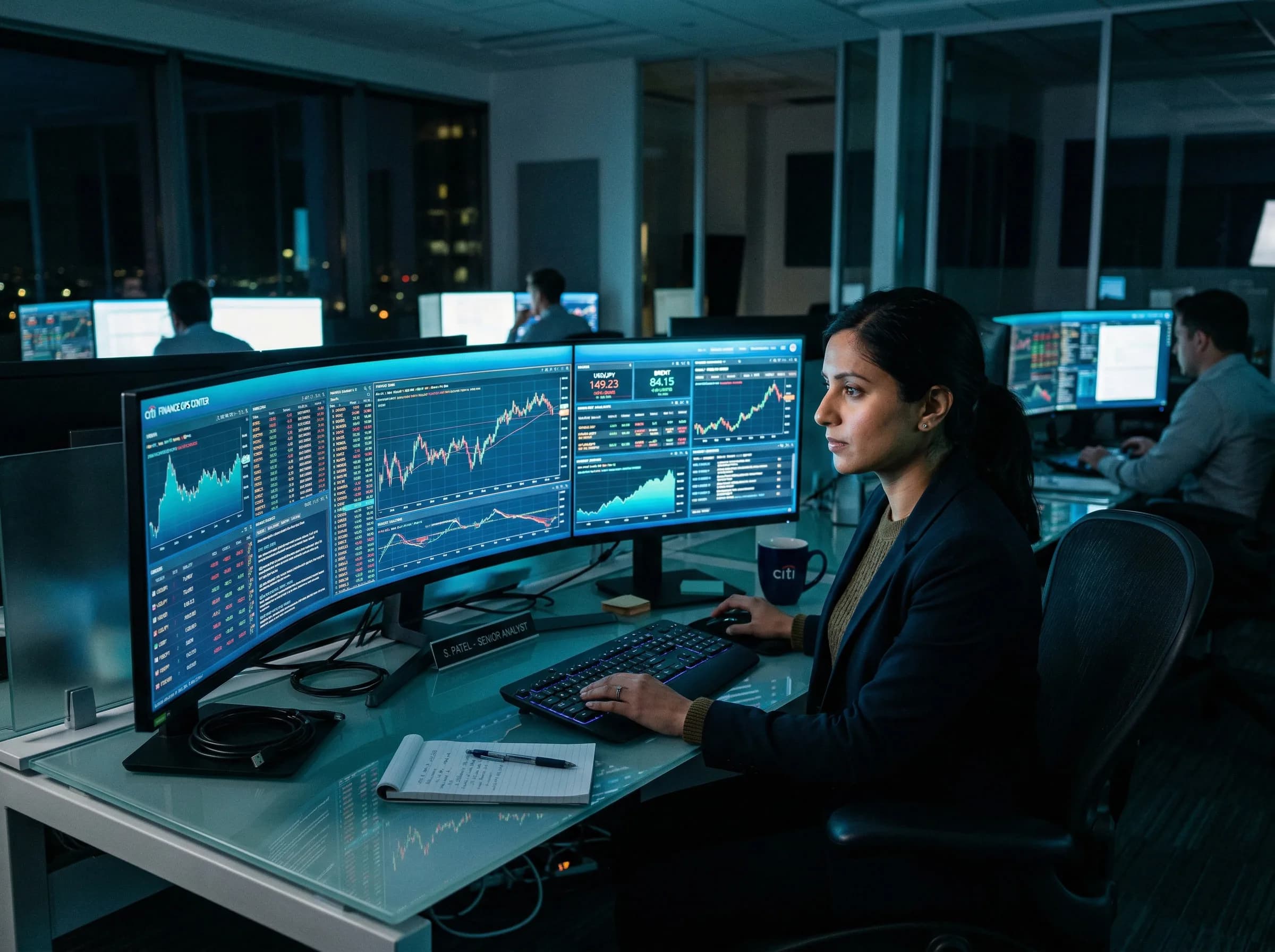 Finance operations center with analyst monitoring real-time data across multiple screens