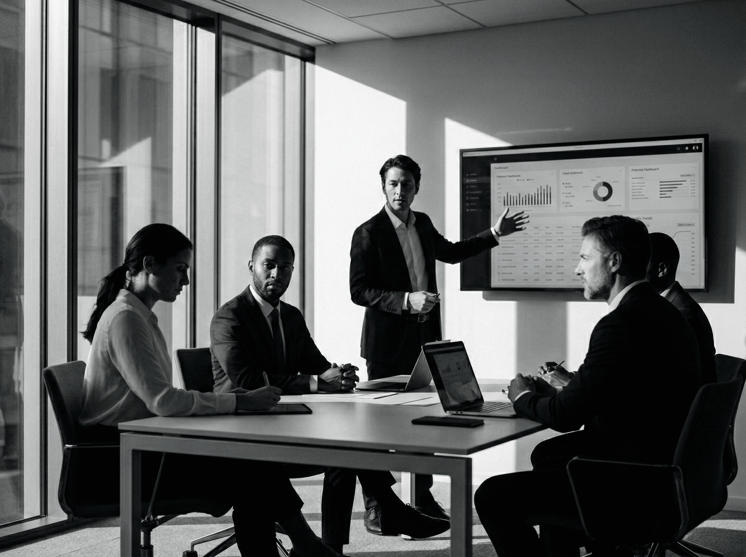 EvoNova Advisors team collaborating in a modern boardroom with financial dashboards